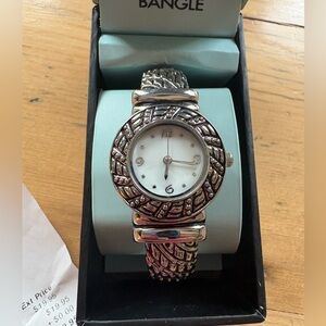 Silver and Black Bangle Watch Mother of Pearl Face By FMD Works Needs Battery